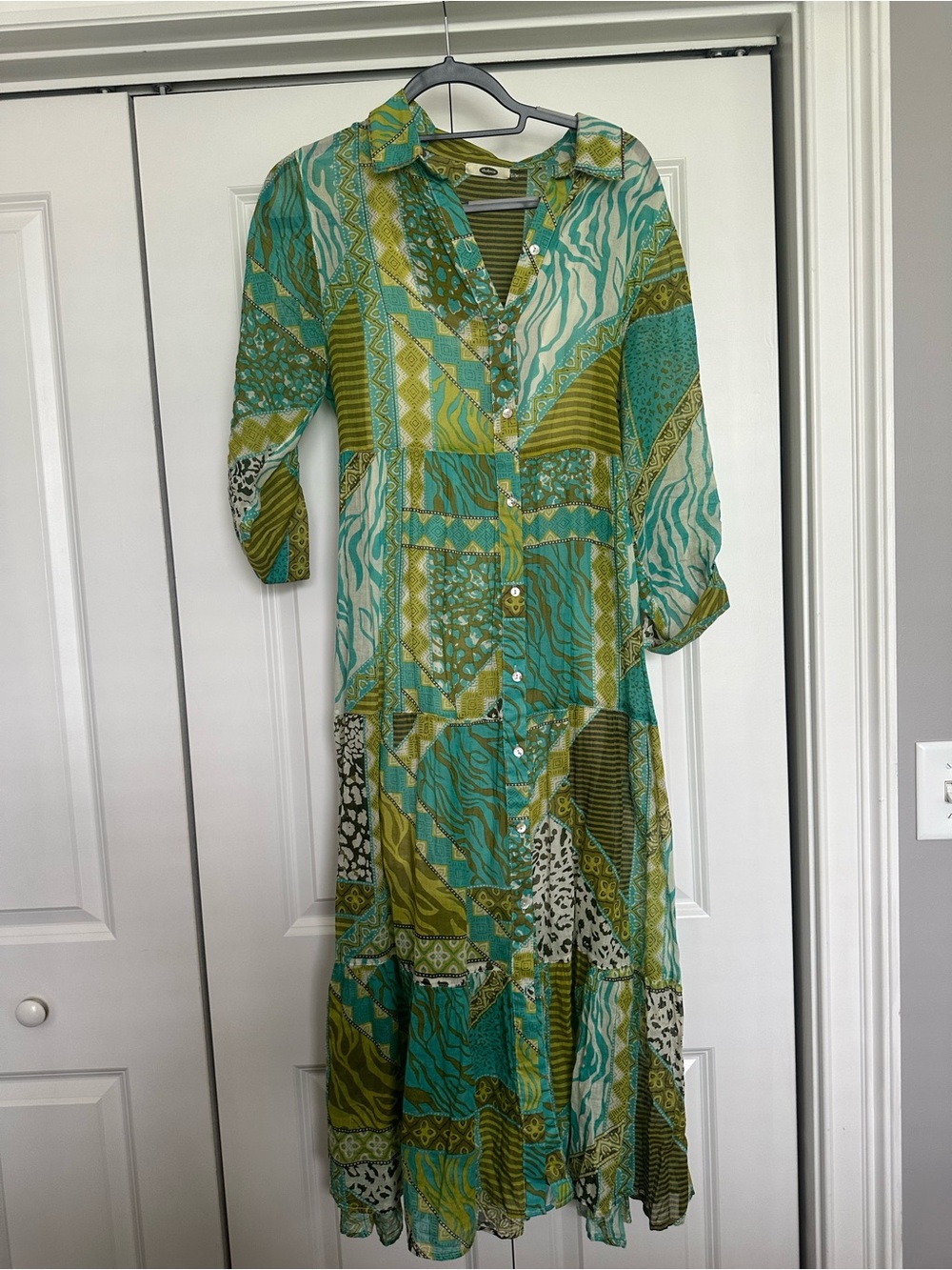 Patchwork Button-Front Maxi Dress in Teal and Olive